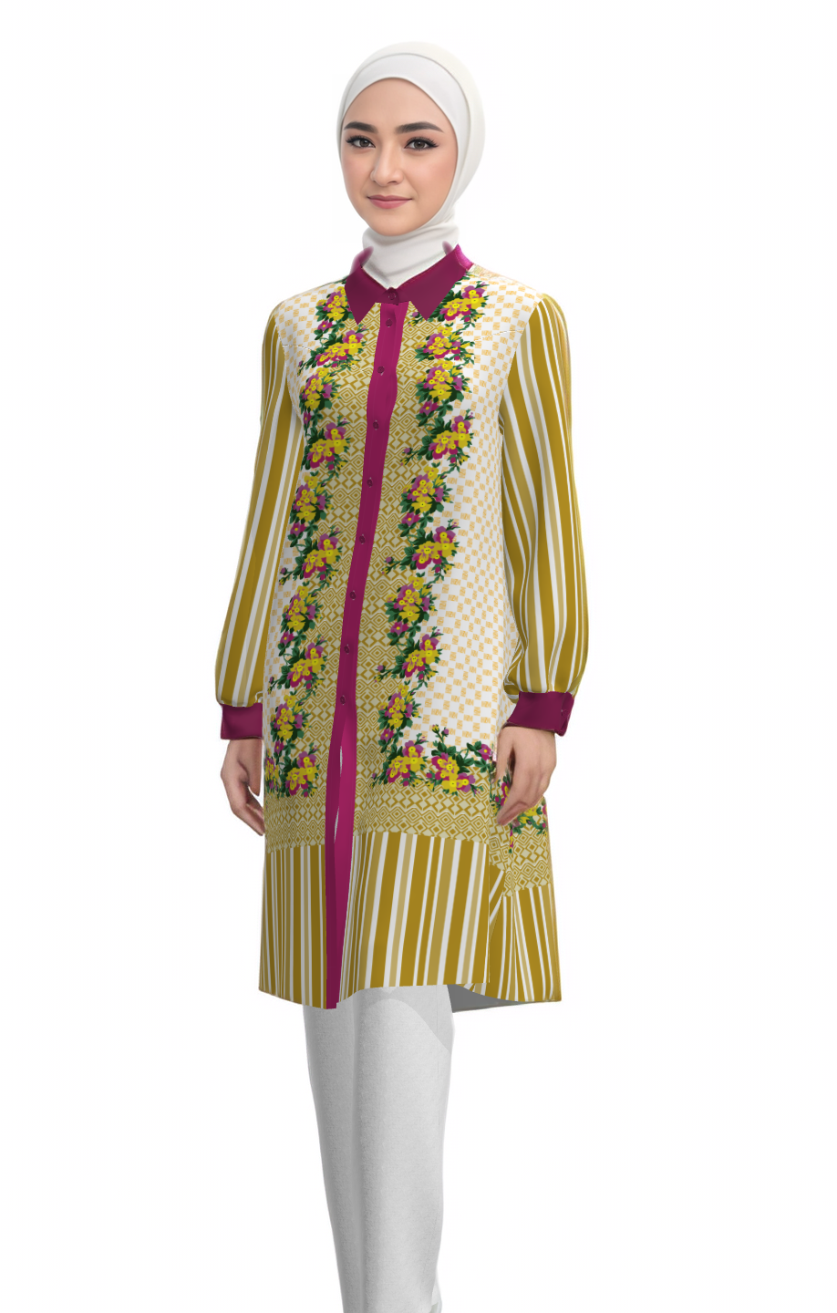 atifa tunik perpaduan motif salur gold dengan bunga